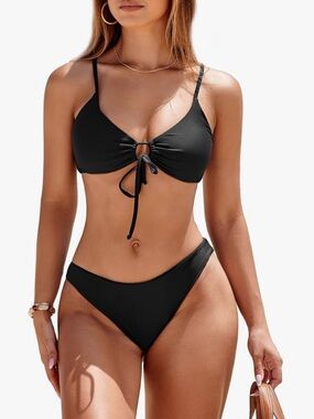 Women's Black Tie-Front Bikini Set - Sleek Two-Piece Swimwear M NWOT